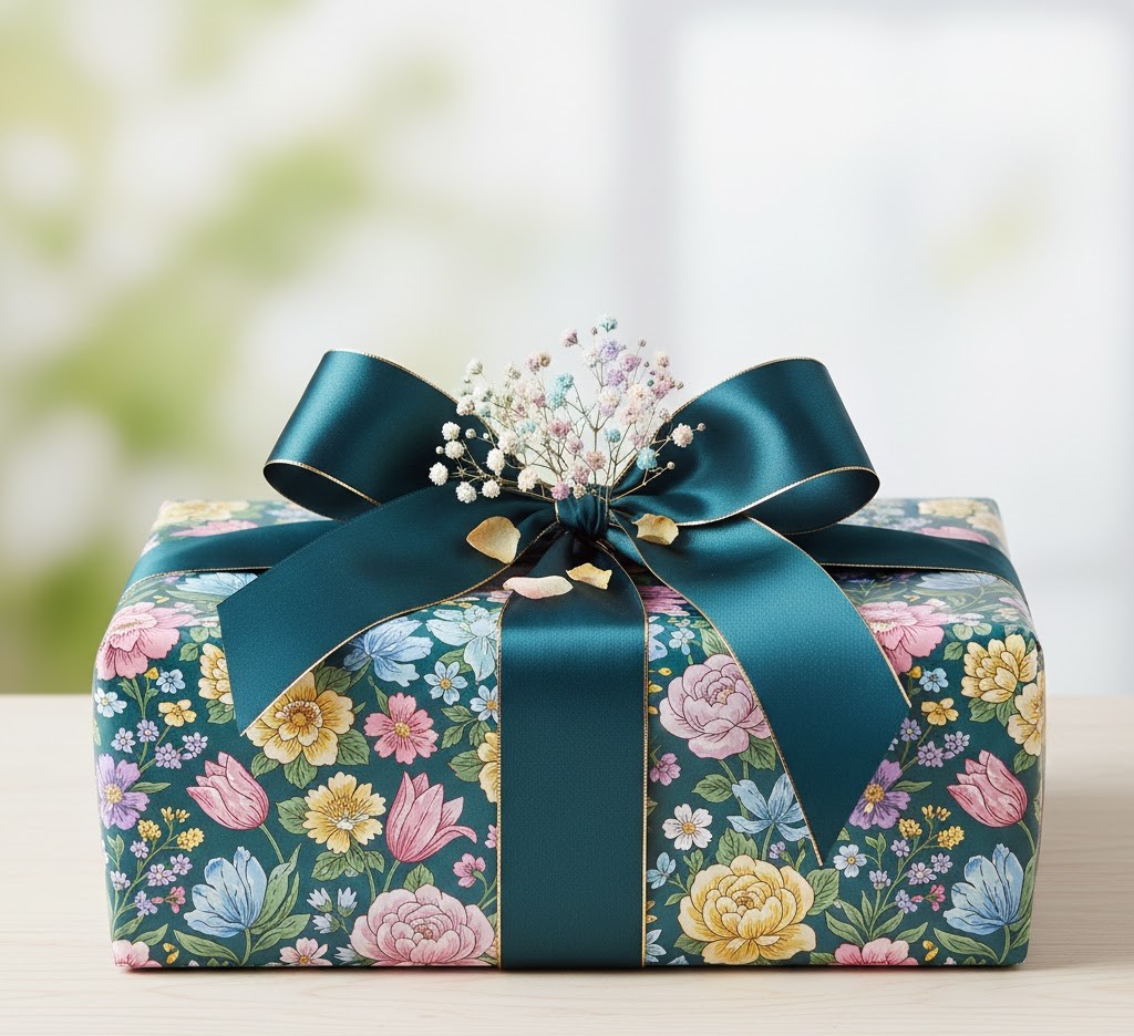 Colorful gift wrapping with floral patterns